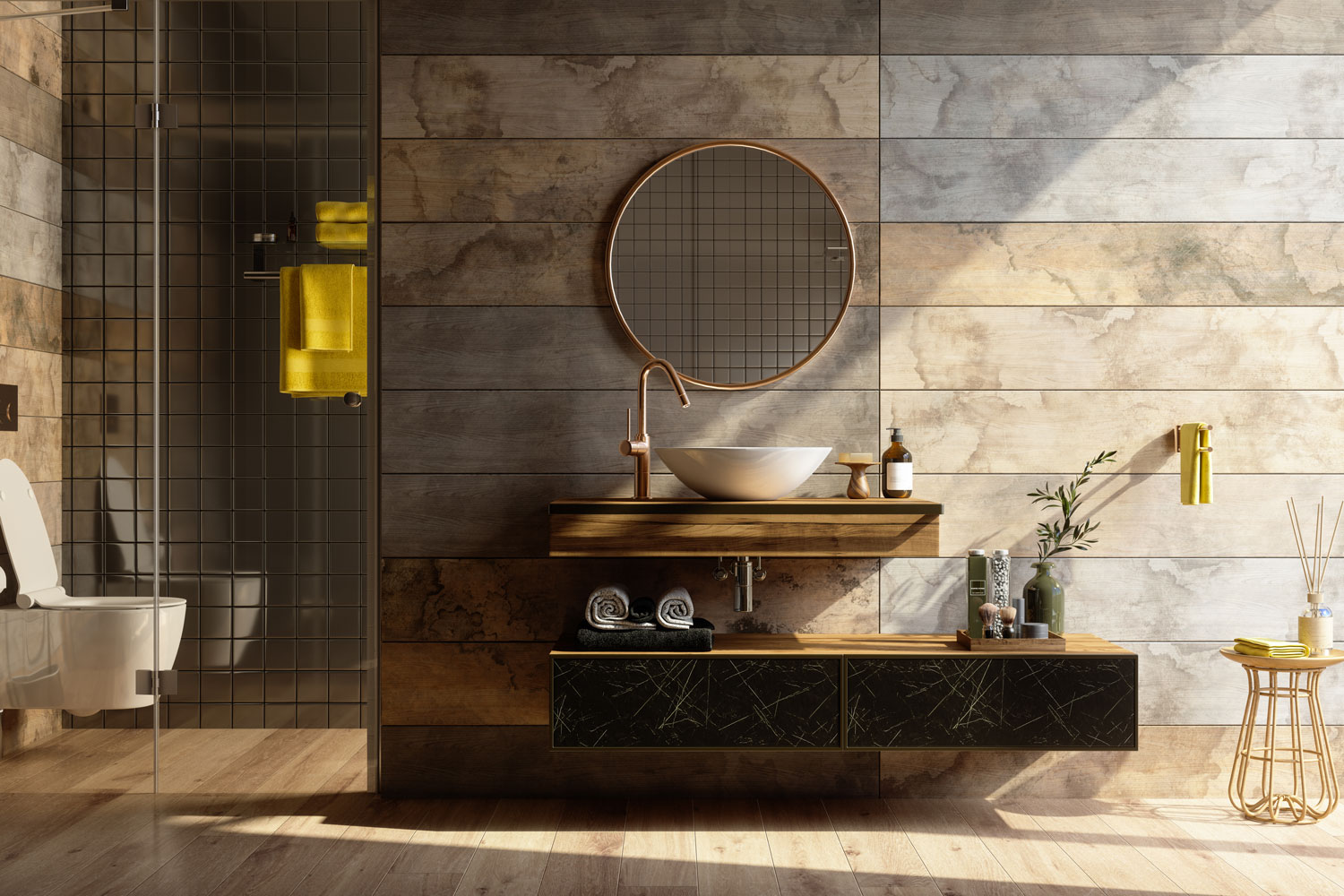 Rustic interior bathroom with brown tile cladding, round mirror and and brown tiled flooring