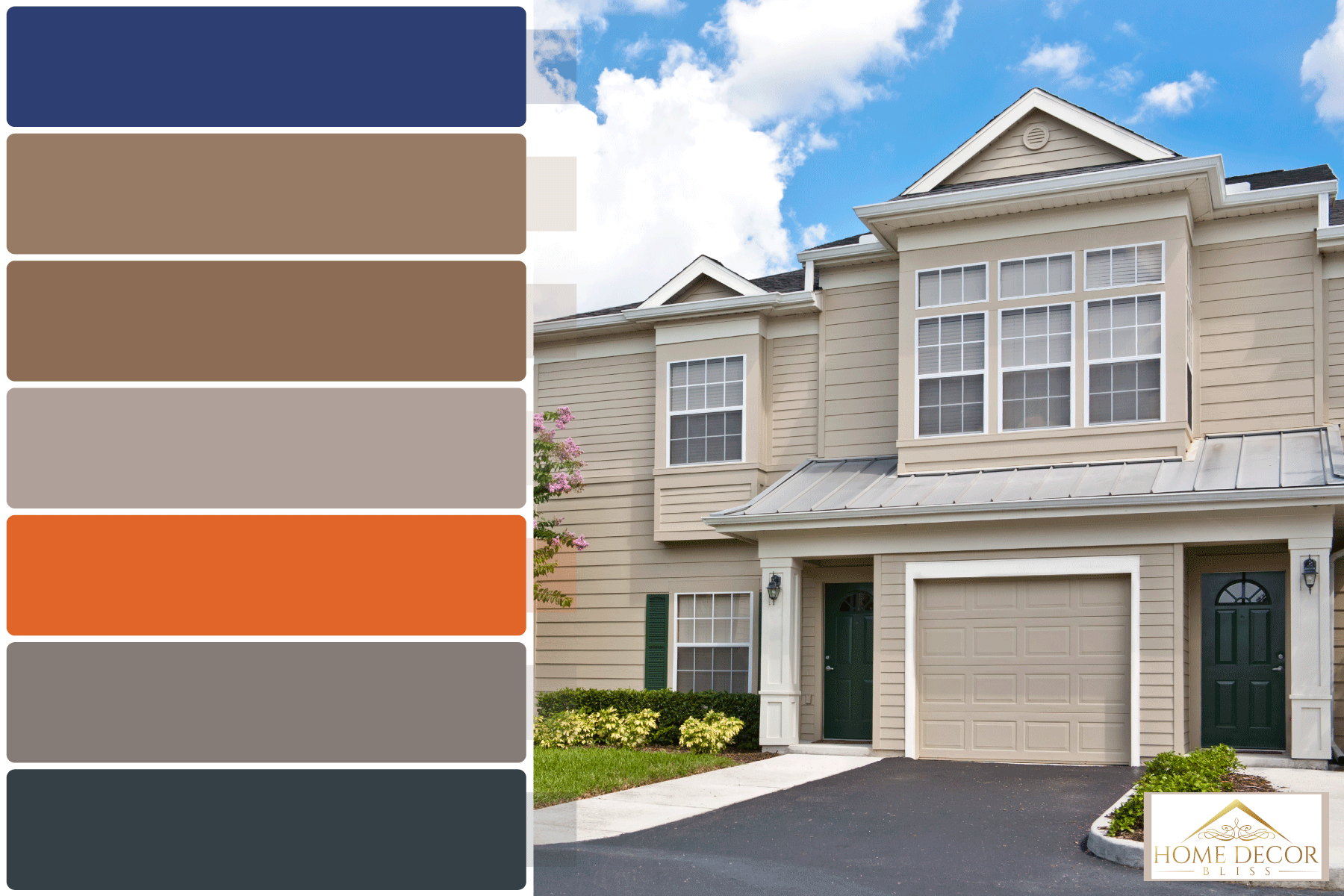Tan PVC house sidings with white trims matched with nice landscaping, Tan Or Beige House? 11 Exterior Color Schemes To Consider