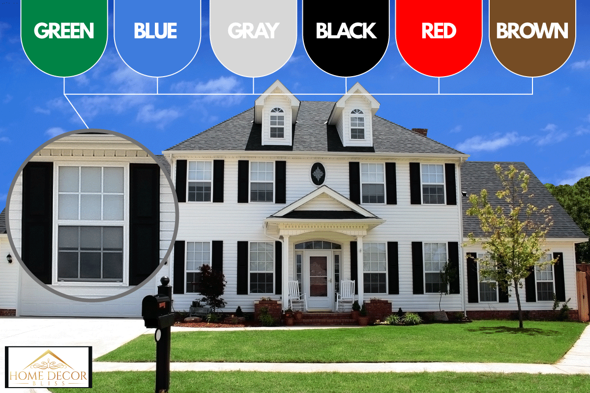 Luxurious newly built house with black shutter windows installed, What Color Shutters For A White House? [6 Colors To Choose]