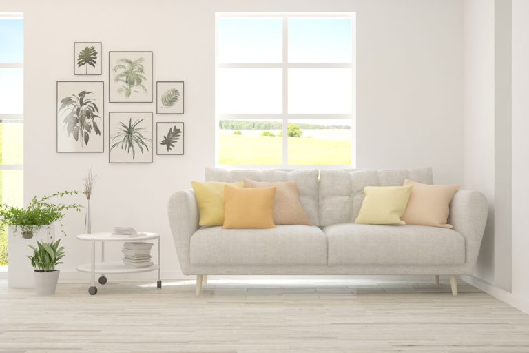 White living room with sofa and summer landscape in window, How To Get Febreze Smell Out Of Couch?