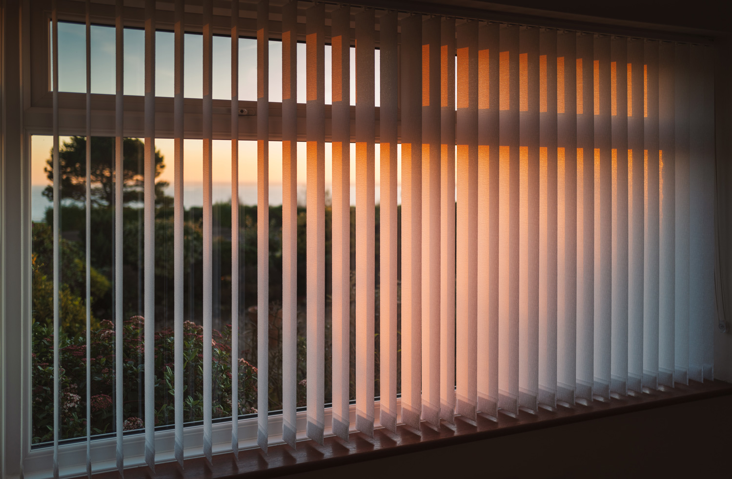 White vertical slat blinds hanging in front of a window as the sun is setting turning the light golden. 