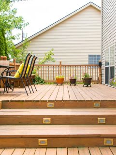 Wooden patio and garden area of a family house, 11 Great Wooden Front Step Ideas