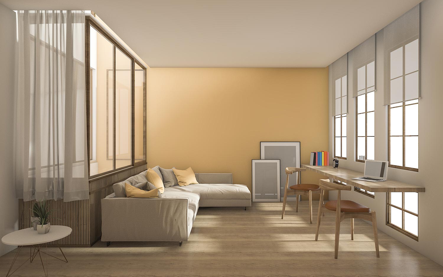 Yellow modern livingroom with daylight from window