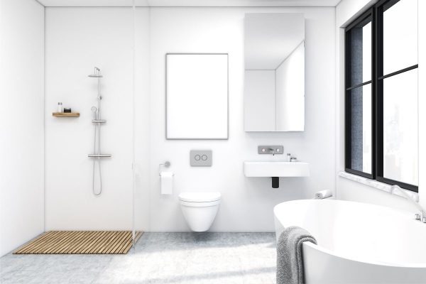 bathroom interior with a shower, a toilet and a sink, How To Fill An Empty Space In The Bathroom