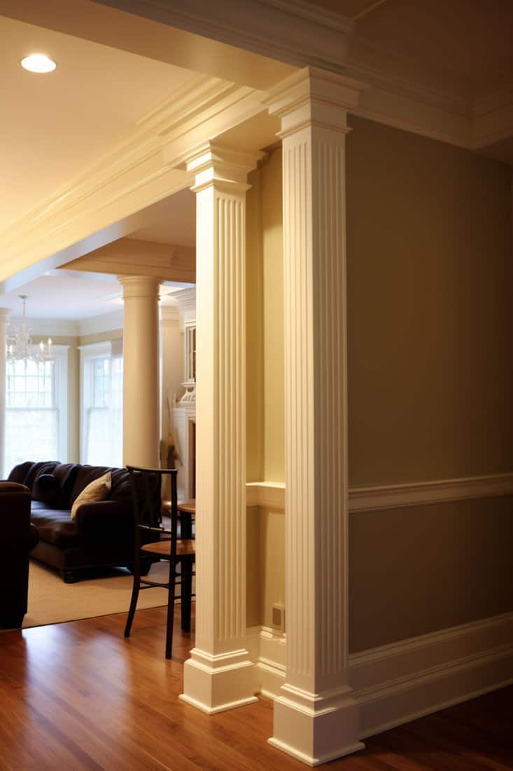 A square column in the basement with crown molding and hardwood flooring
