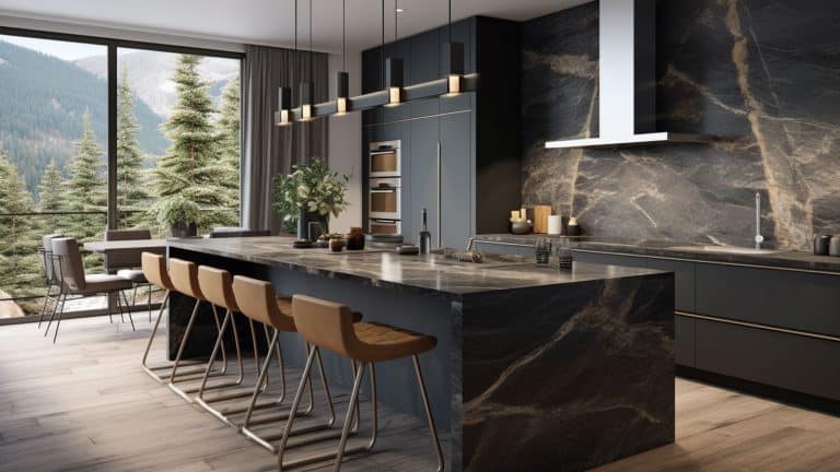 kitchen accentuating a black waterfall countertop extending down to the floor, made of stone with a captivating pattern - 1600x900