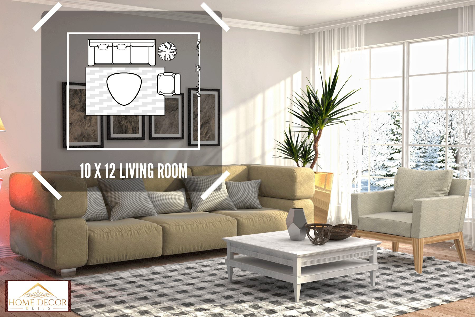 A dark colored sofa with gray throw pillows with plants and a white coffee table, 11 10X12 Living Room Layouts To Explore