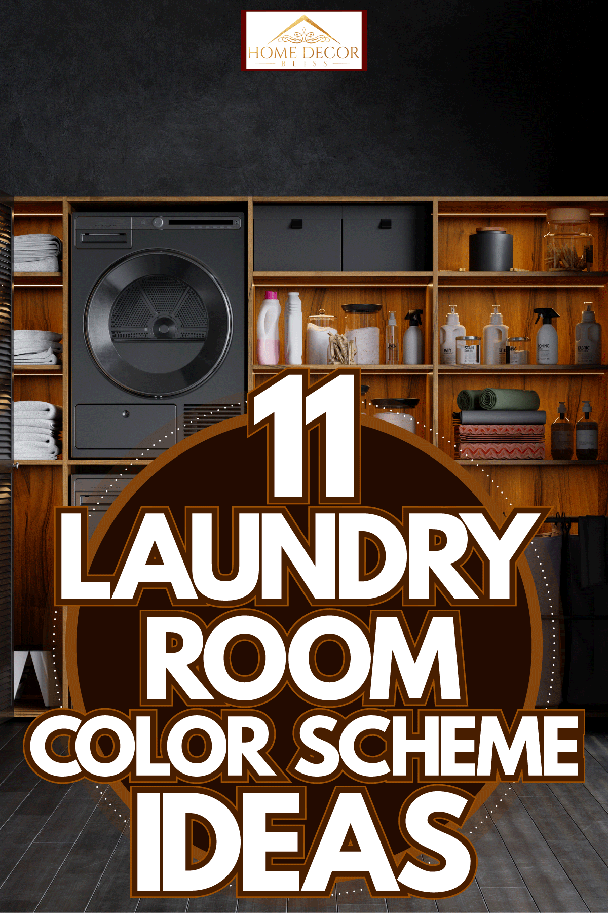 A wooden cabinet inside the laundry room with a black washing machine and dryer, 11 Laundry Room Color Scheme Ideas