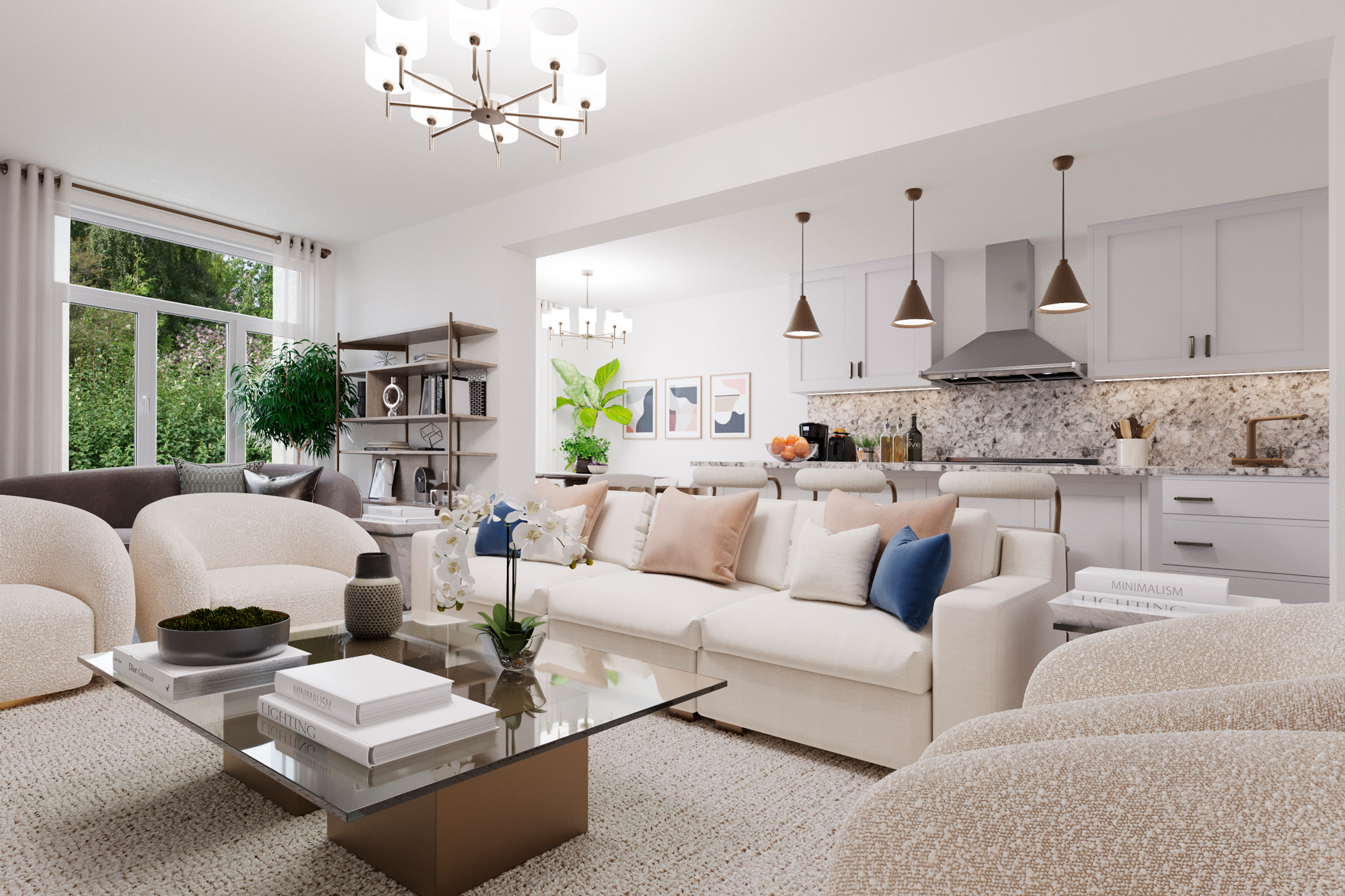 Mediterranean living room and kitchen white white walls