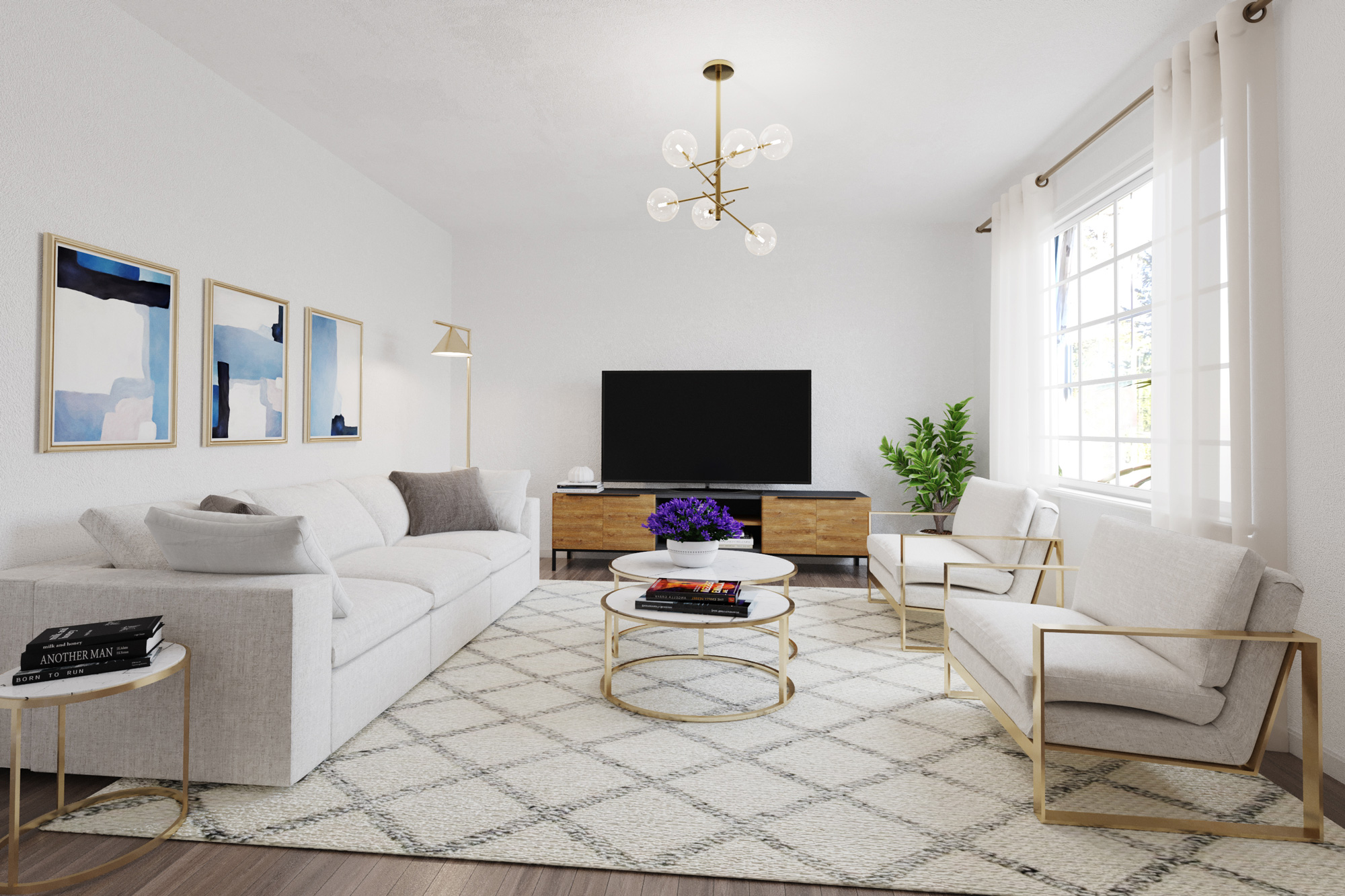 modern white living room with huge carpet