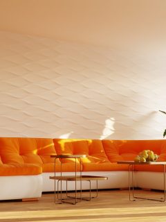 3d illustration of living room with big orange sofa - What Color Walls Go With Orange Flooring