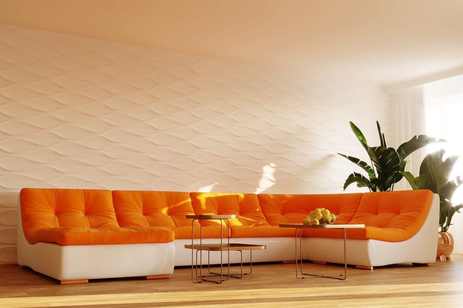 3d illustration of living room with big orange sofa.