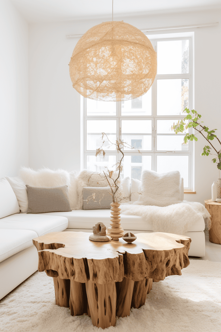 A boho-themed living room with a unique tree trunk table as a centerpiece.