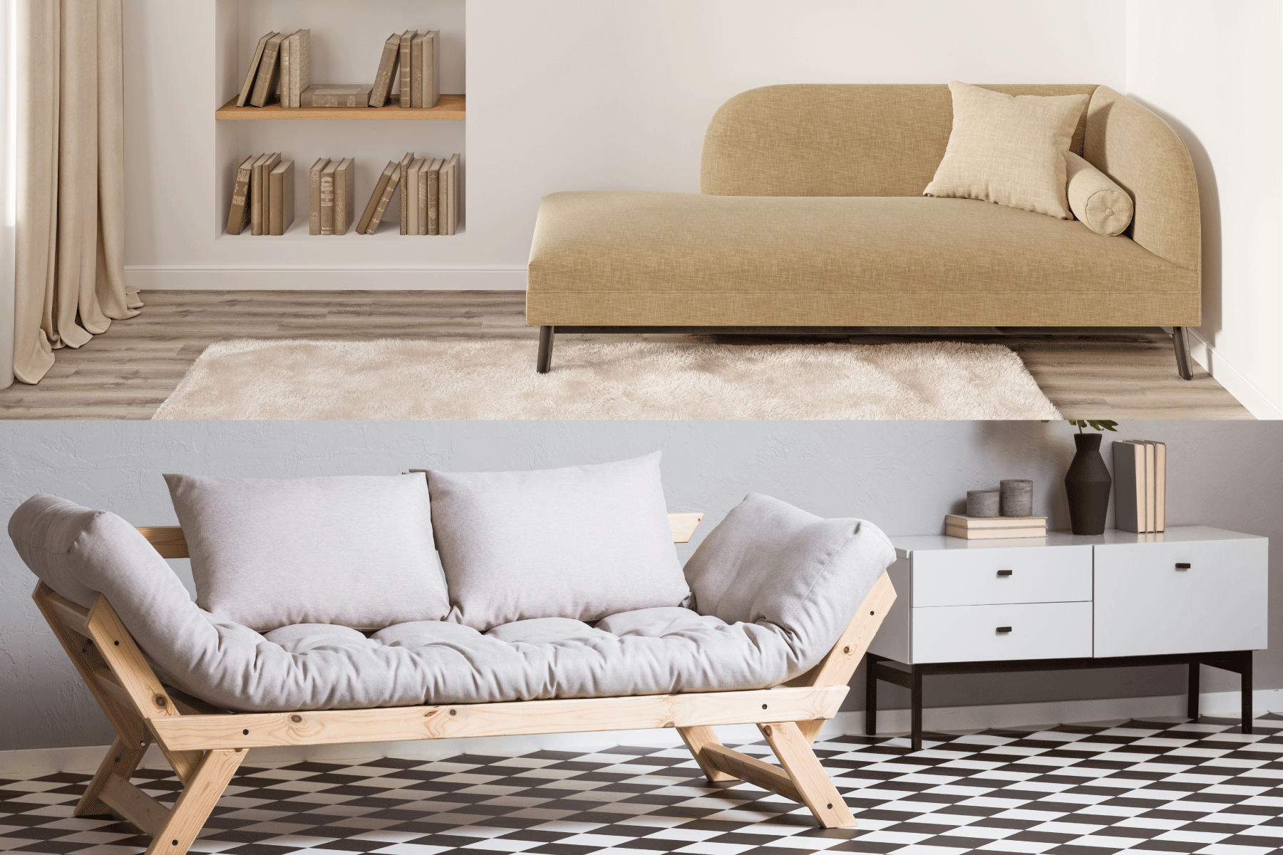 A collage photo of a futon and daybed