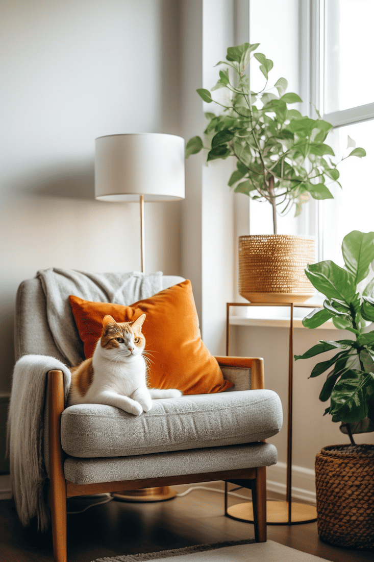 A cozy living room corner with a cat, an armchair, and a pilea plant, combining shades of gray, green, and orange.