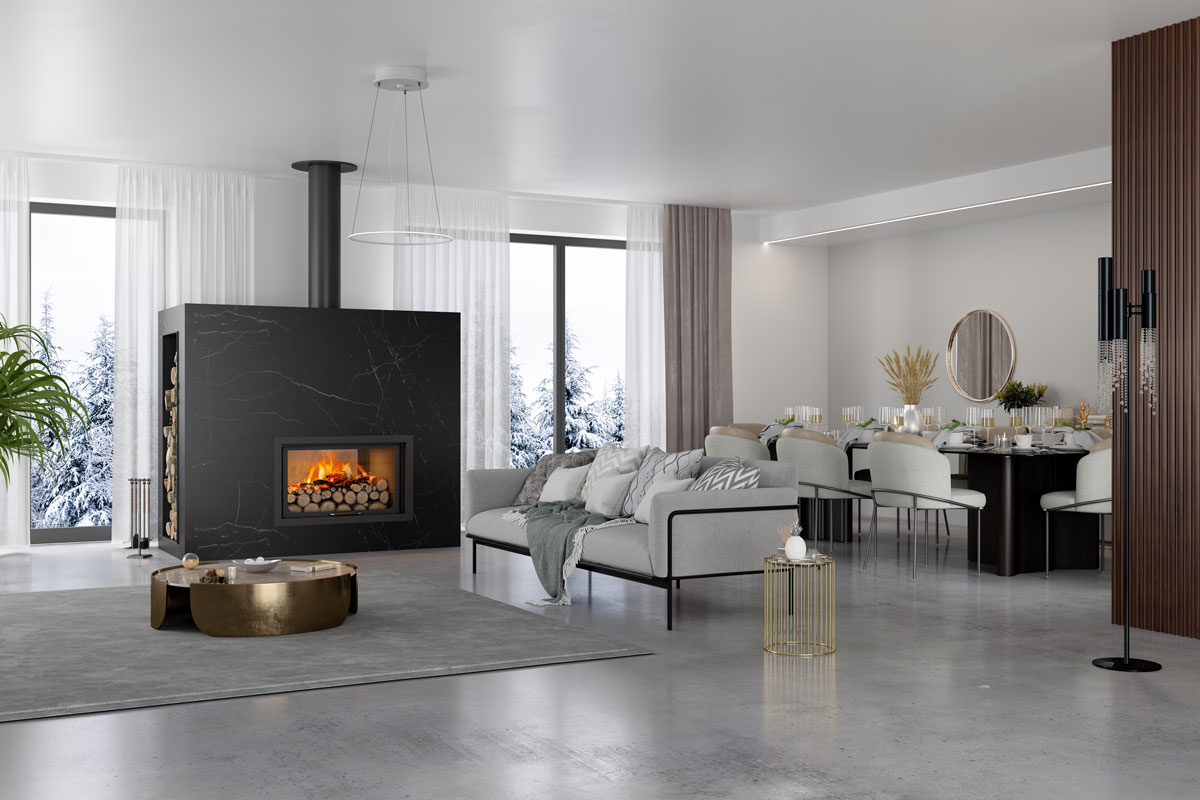 A huge black painted fireplace inside a modern minimalist living room with gray tiles and sofas