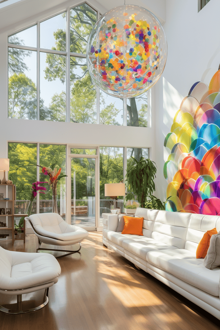 A living room with a rainbow suncatcher creating a colorful centerpiece.
