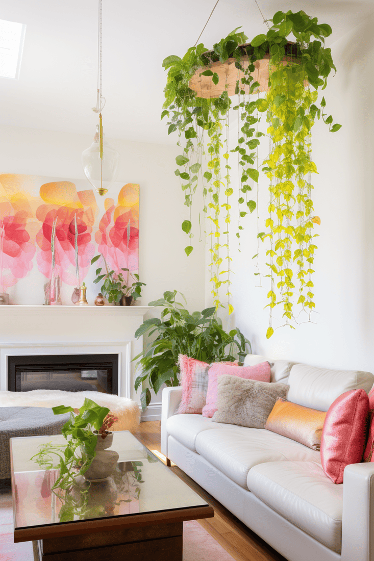 A living room with hanging ivy plants, artwork featuring plants, and a fresh design in green, pink, brown, and yellow.