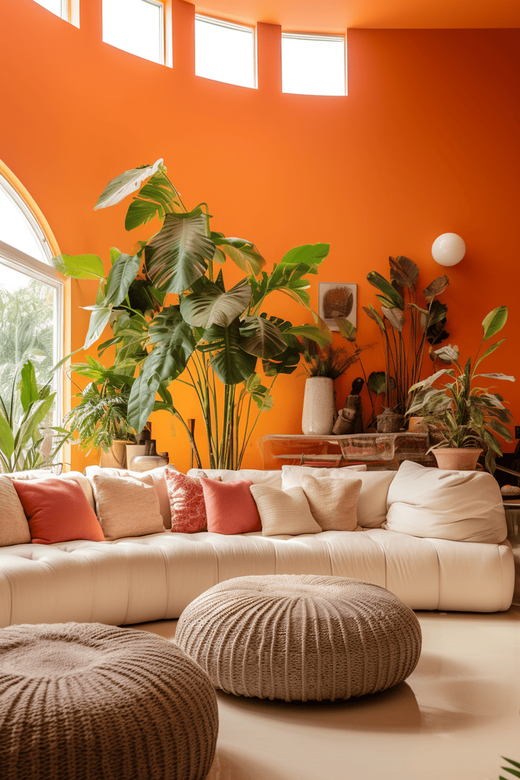 A living room with orange walls, massive plants, and colorful round pillows, creating a vibrant and inviting space.