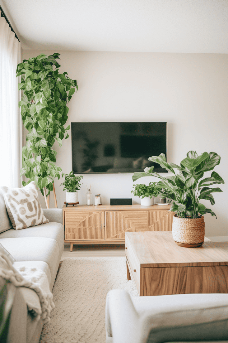A living room with plants on top of an entertainment center, draping down to create a personalized and unique design