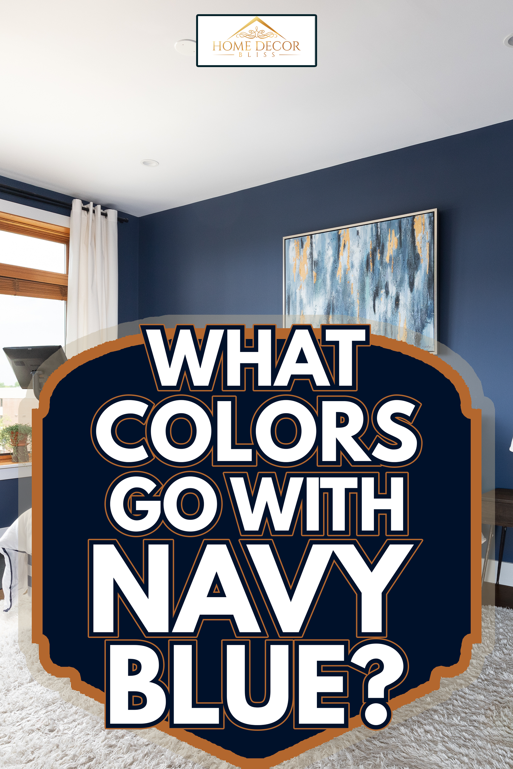 A navy blue bedroom with wood framed windows a bed sitting on a rug and hardwood floors, and a Peloton - What Colors Go With Navy Blue