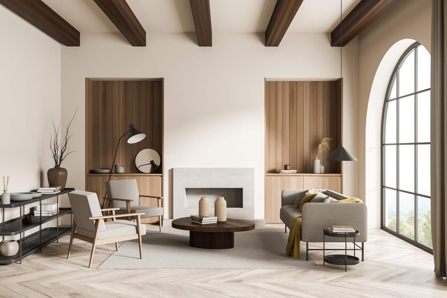 Beige living room with two niche sideboards, wood materials, ceiling beams, arch window, modern fireplace and settee with armchairs. Skandi interior with concept of on trend design.