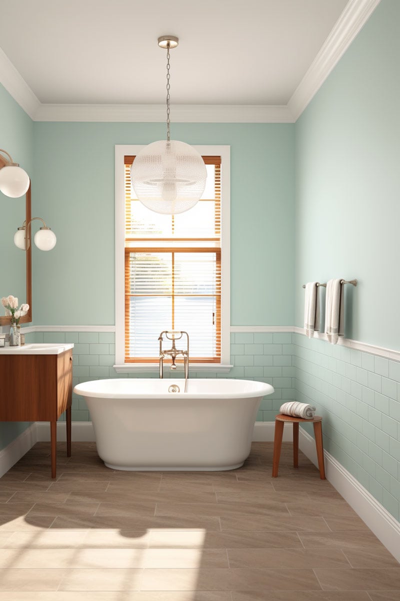 bathroom with seafoam blue walls, white fixtures, and brown tiles on the floor and tub surround. Include bronze fixtures