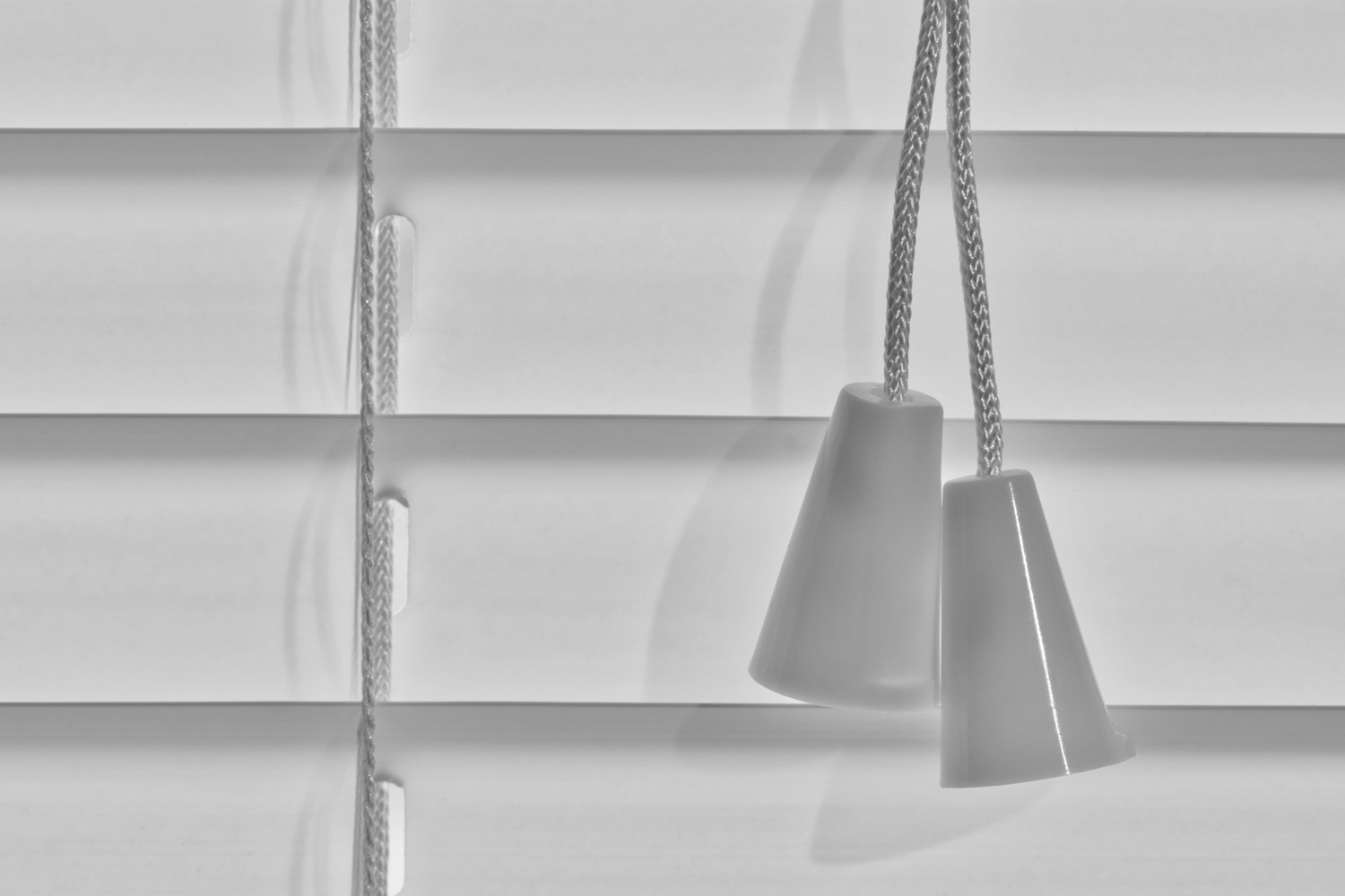 Black and white macro image of a closed Venetian blind segment showing pull cord tassels.