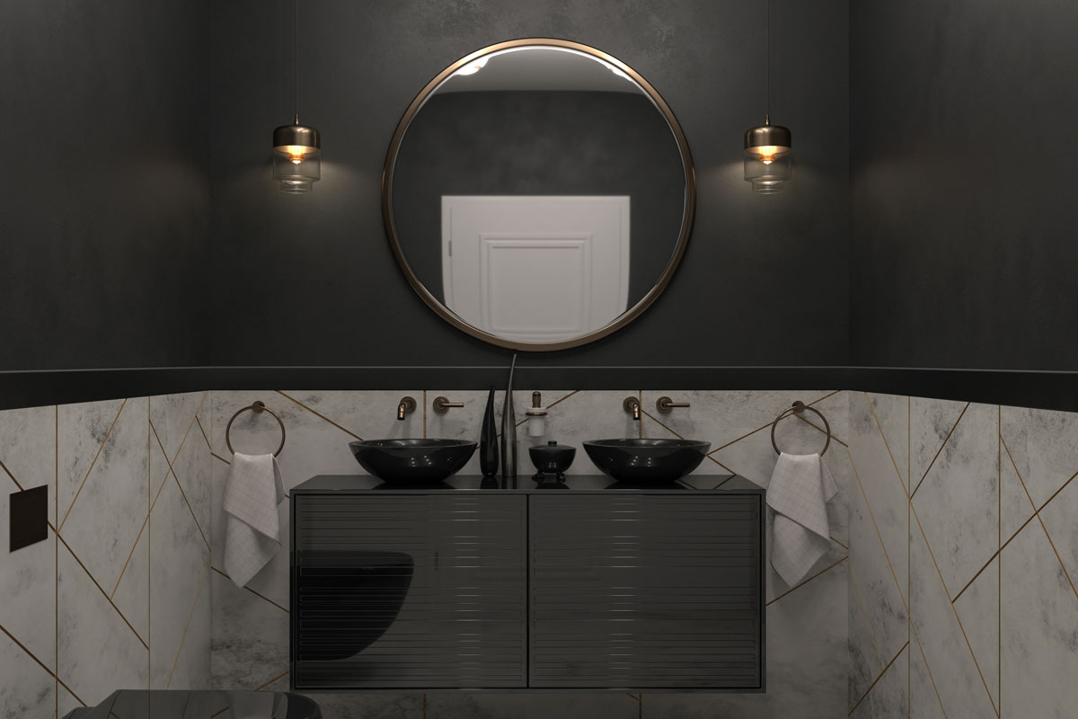 Black floating cabinet with a round mirror inside a dark and gray colored bathroom