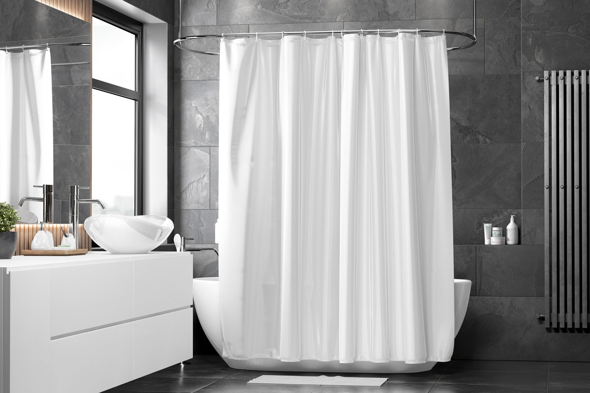 Blank white closed shower curtain mock up in a bathroom