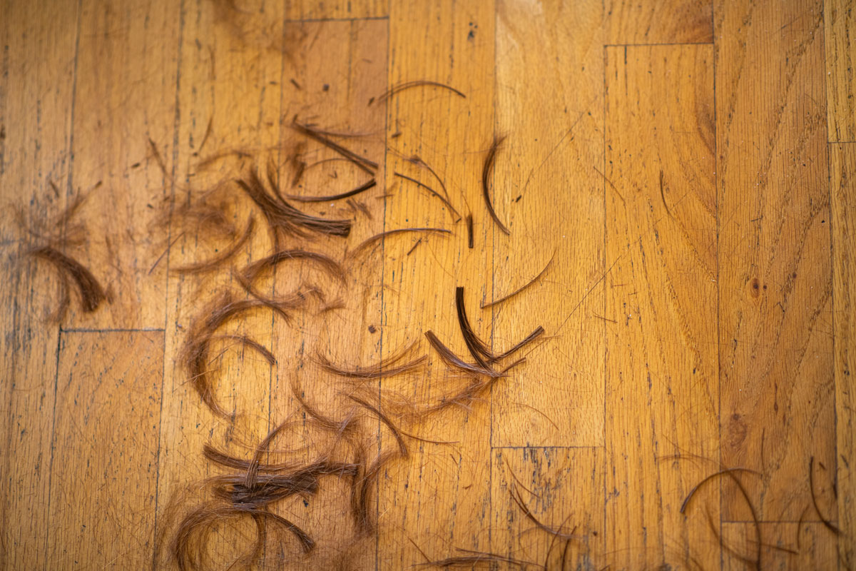 Blonde cut hair on the wooden floor