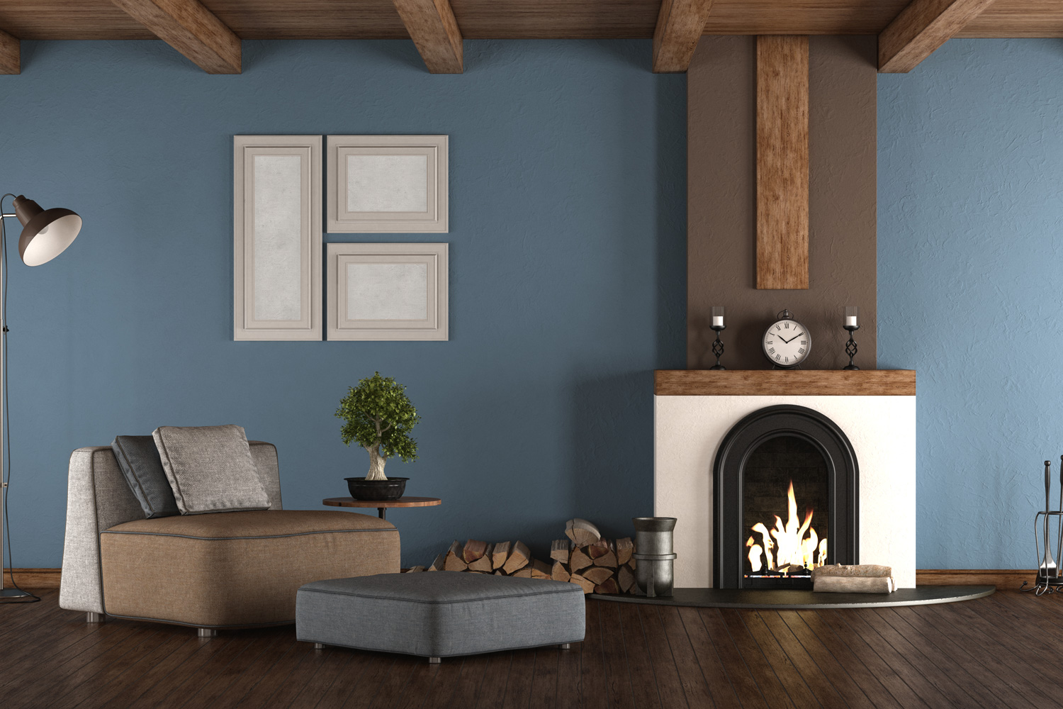 Blue and brown living room with fireplace and armchairs