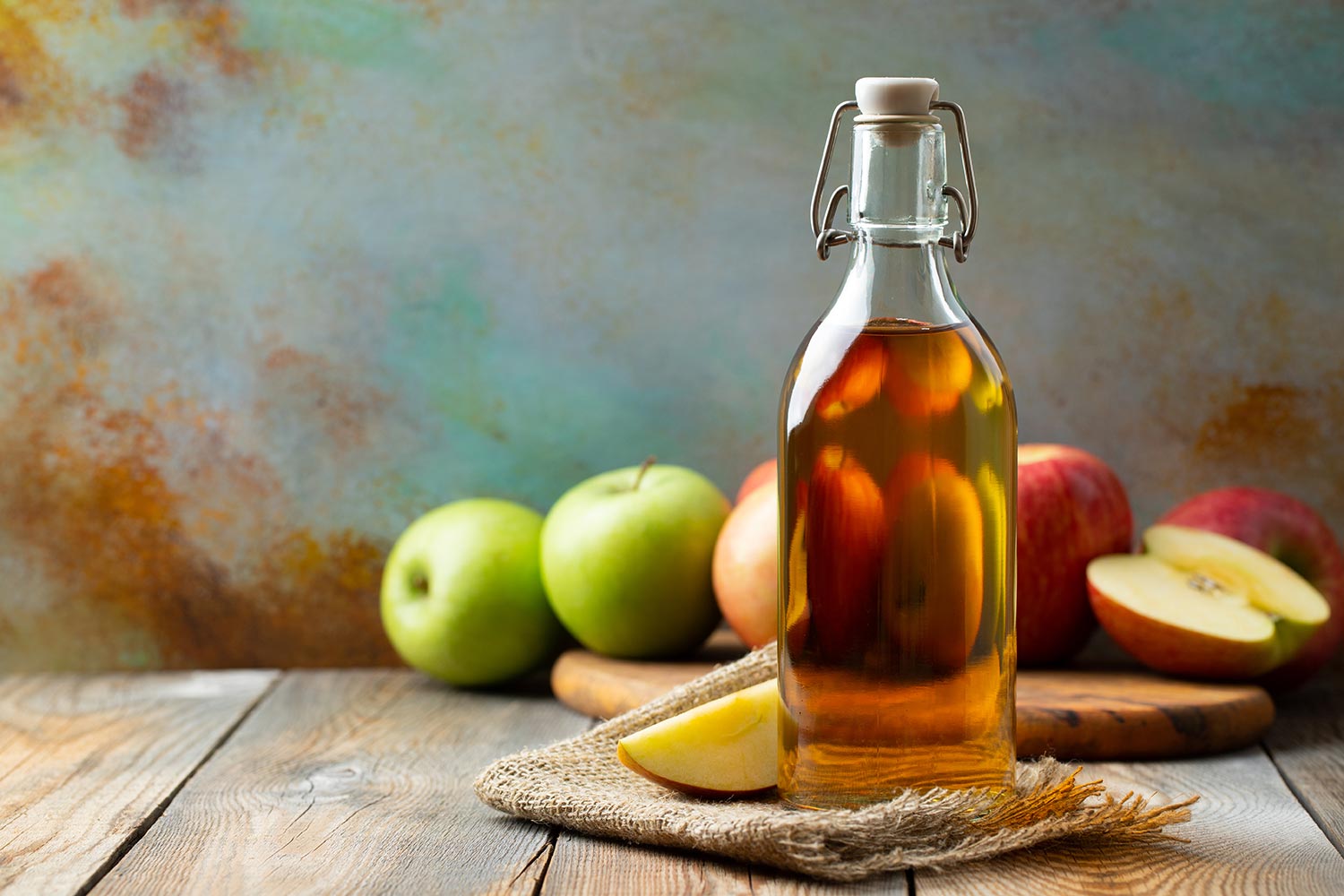 Bottle of apple organic vinegar or cider on wooden background