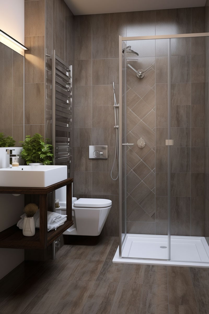 bathroom with different-sized brown tiles. Showcase the tiles in contrasting patterns on the shower surround and floor. Include grey grout and white accents