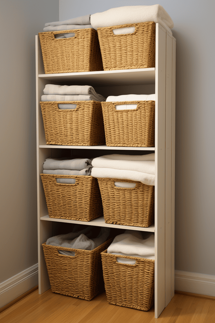Built-in tall shelf designed to house multiple laundry baskets. Labeled baskets showing separation by laundry type