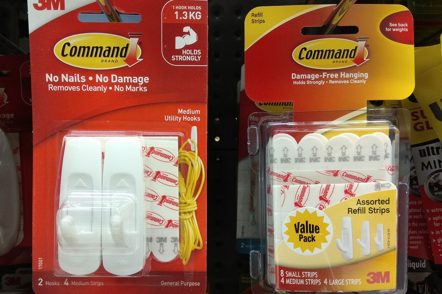 Command brand Picture Hanging Strips and Hooks by 3M company on store shelf. 3M is the general public primarily known for the Post-it Notes and Scotch Tapes.