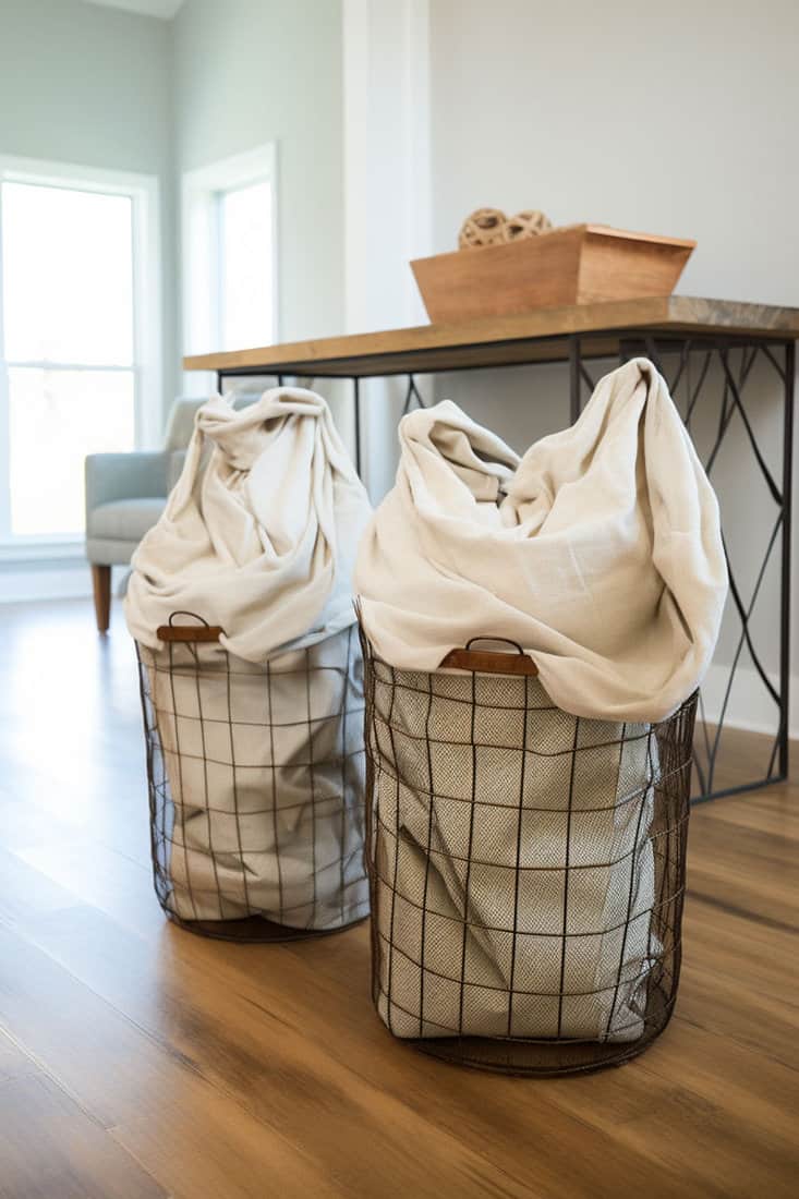 large canvas laundry bags placed inside large wire baskets