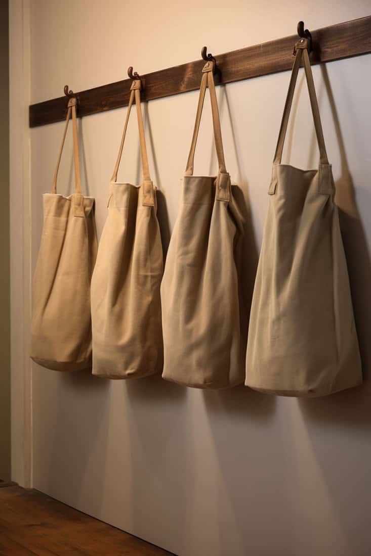 Canvas laundry totes hung on wall hooks. Suitable for carrying and easy storage
