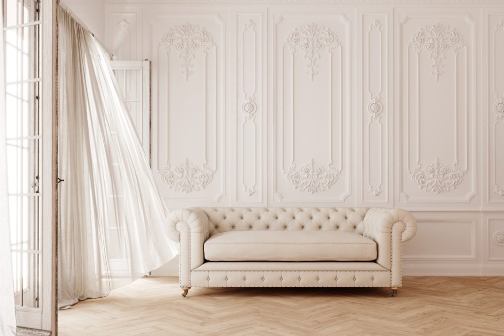 Classic white interior design white sofa and curtains 3D Rendering