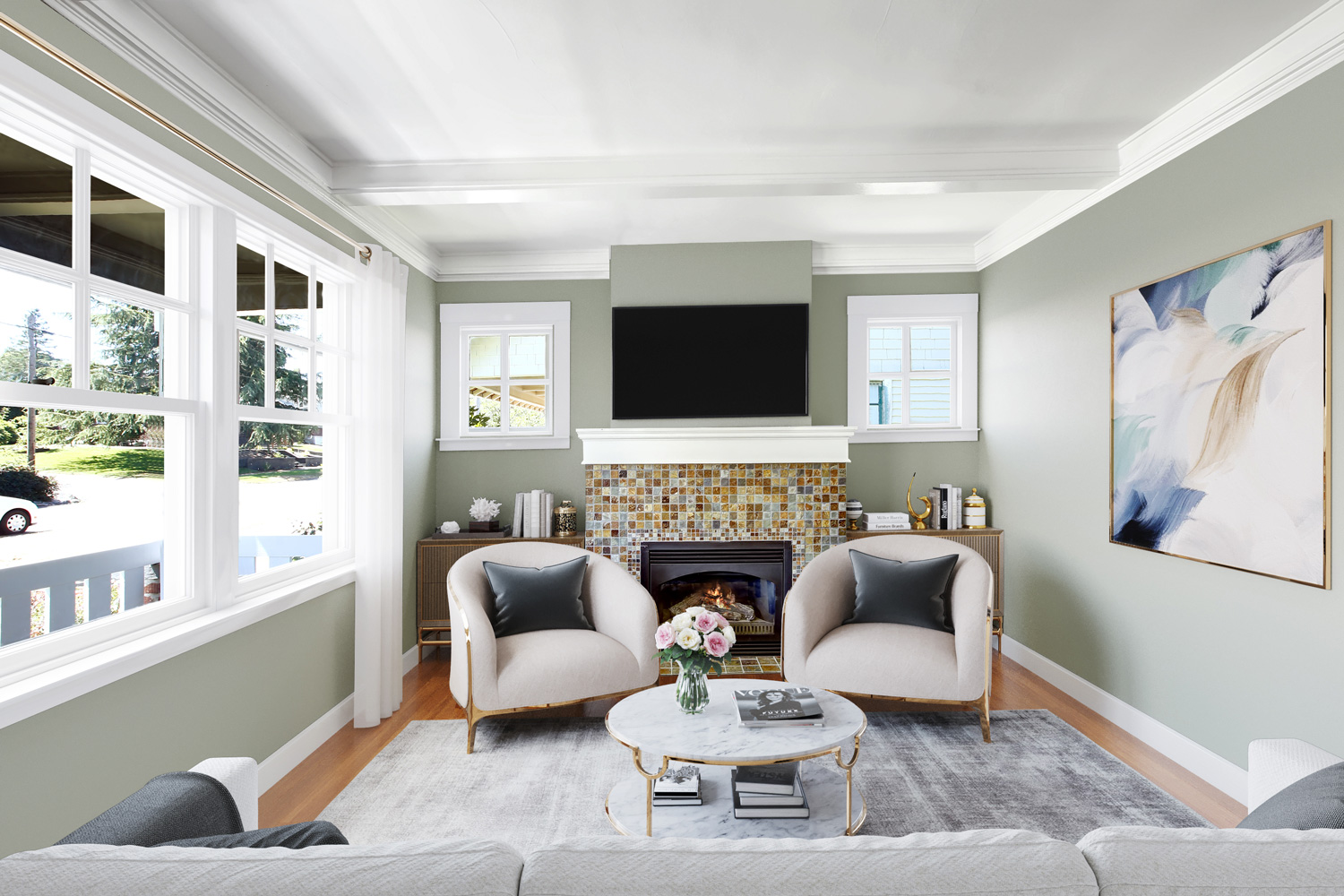Cozy small living room transformed with sage green walls