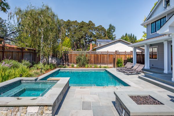 Custom Home Build, Menlo Park, California, Pool, Patio, Grass, Back Yard, Hot tub - How Much Space Between House And Pool [In-Ground And Above-Ground]