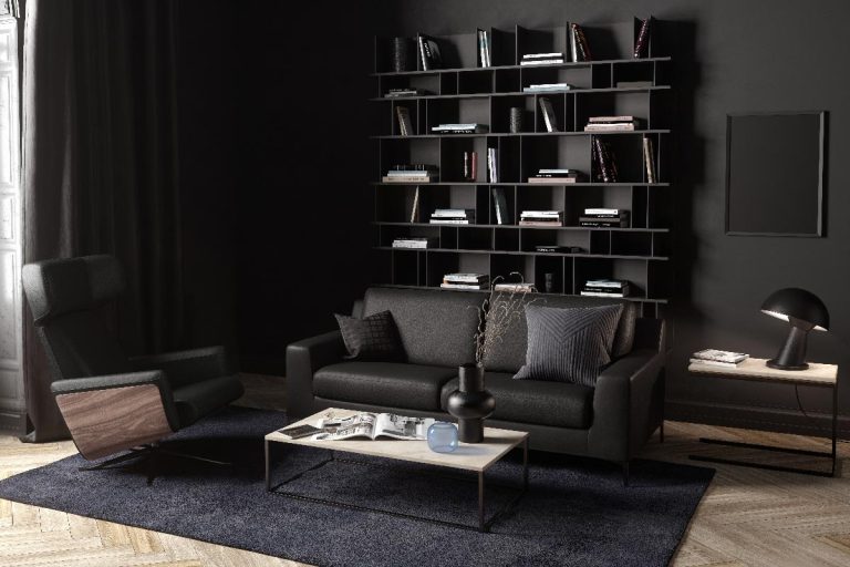 A dark living room interior with a leather sofa, seat and coffee table, 21 Amazing Dark Living Room Ideas