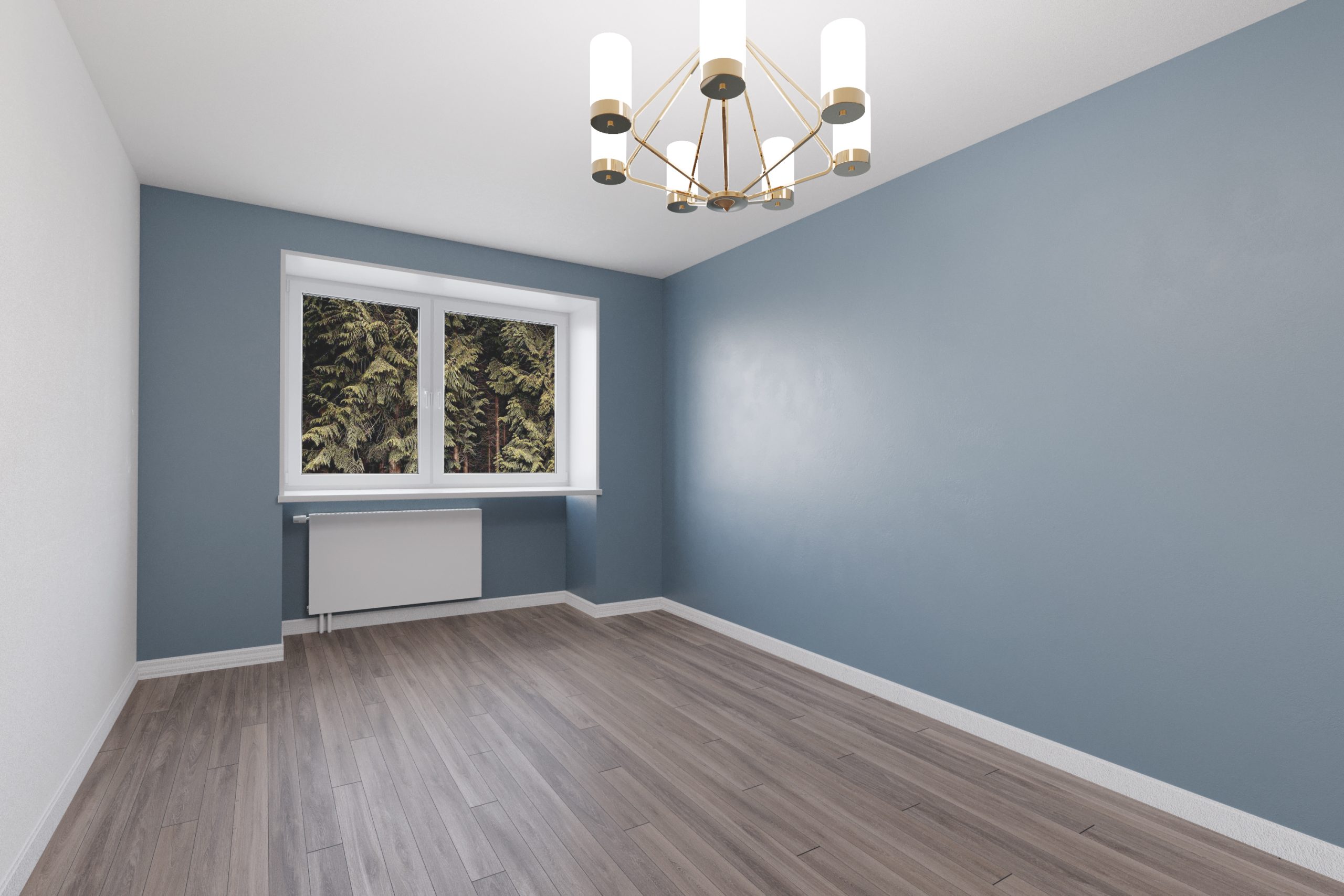 Interior of a living room transformed with powder blue walls, no furniture