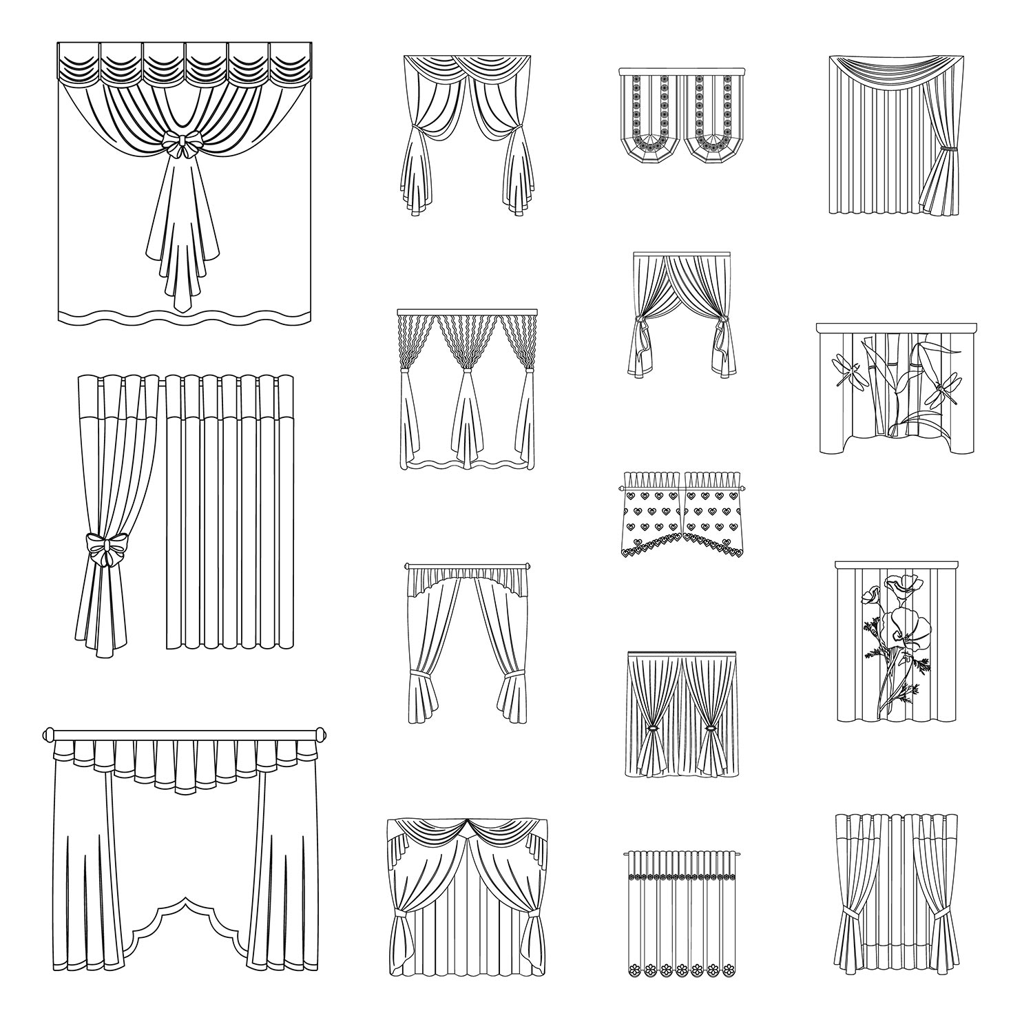 Different kinds of curtains outline icons in set collection for design