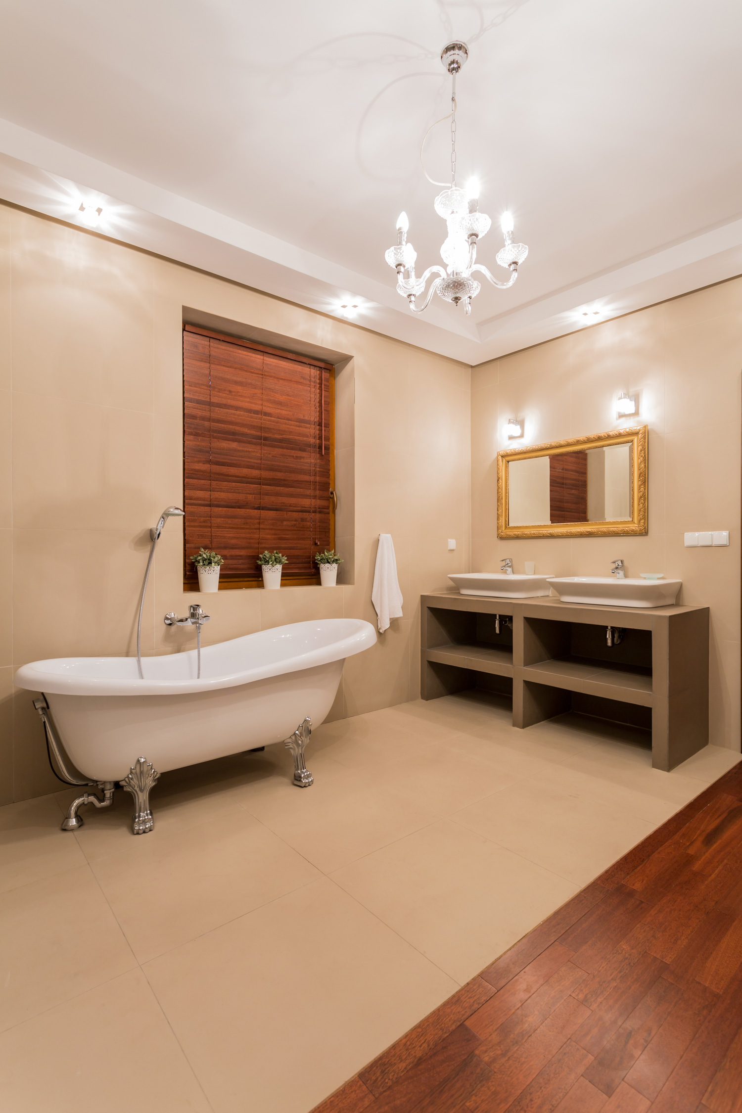 Elegant bathtub in luxury bright washroom