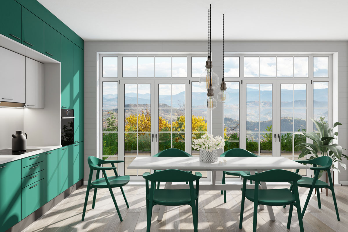 Emerald green Modern Scandinavian kitchen with large dining table and chairs