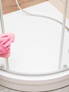 An employee hand in rubber protective glove with rag washing and polishing a shower cabin doors, How To Clean A Plastic Shower