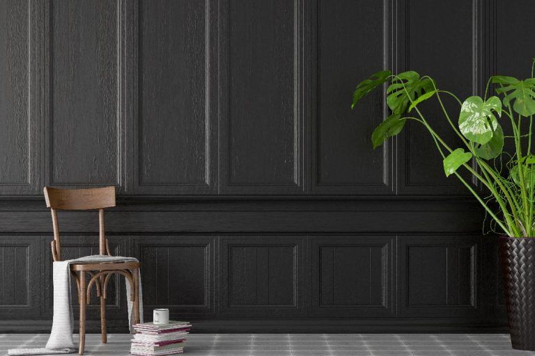 An empty black wooden wall panel with vase and plant, Can You Whitewash Dark Paneling? [ And How To]
