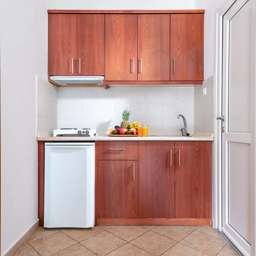 Front view of wooden kitchen cupboard module cabinet with small fridge and fruits plate, Classic style interior white studio room with natural oak furniture and simple kitchen appliances