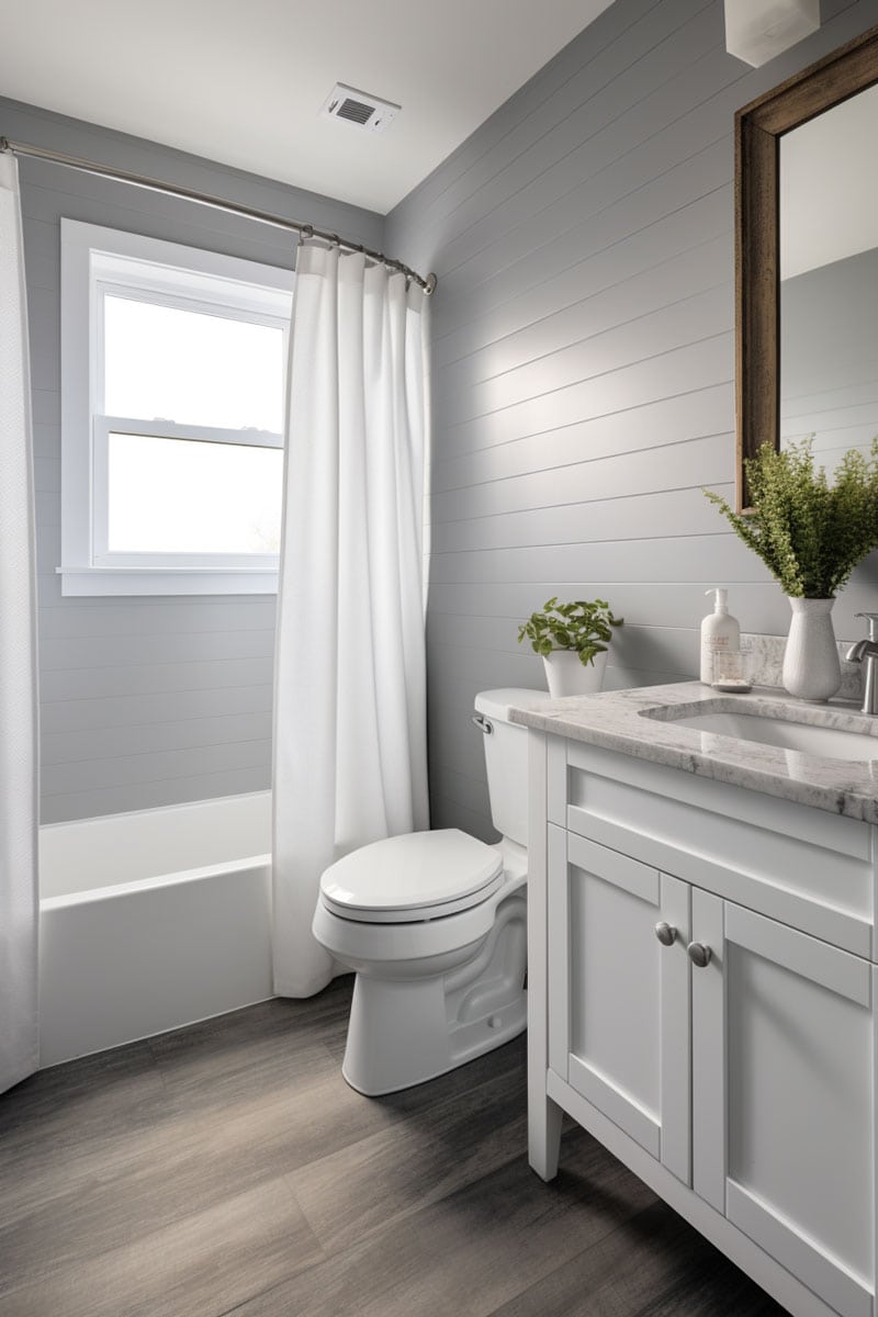 bathroom with smaller-sized brown floor tiles, grey-toned shiplap walls, and a white vanity. Incorporate a grey-toned counter and a shower curtain